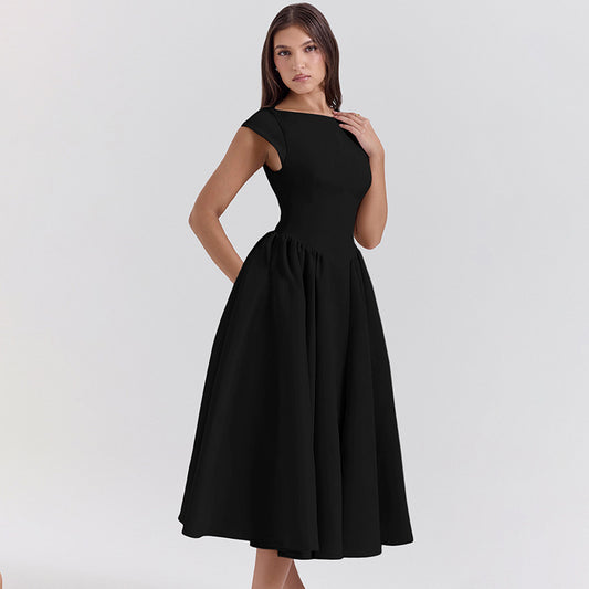 Maxi Dress Women A-line O-neck Sleeveless High Waisted Elegant Dress Summer Ladies Chic Vocation Robes