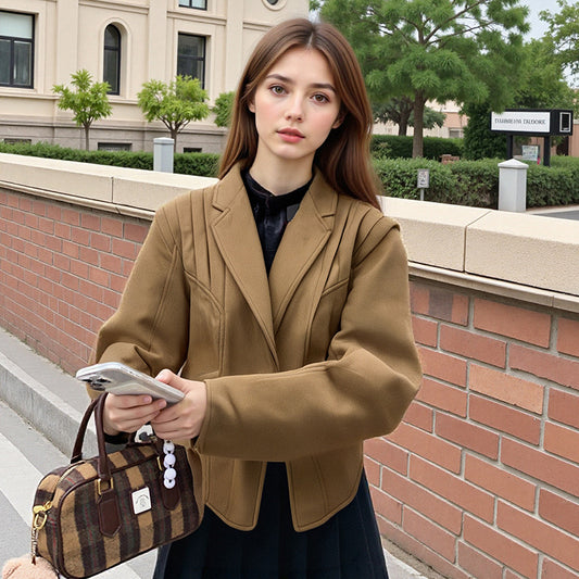 Elegant Brown Woolen Short Overcoats Women Fashion Lapel Full Sleeves Blazer Jacket with Shoulder Pads Autumn Lady Outwears