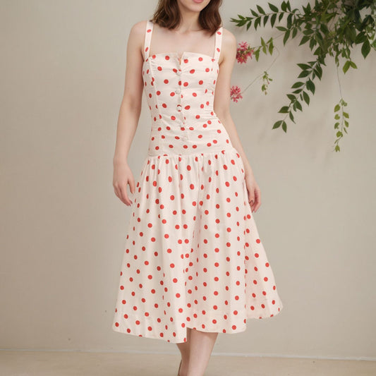 Summer Slip Sleeveless Dress Women Polka Dot Print Fashion Slim High Waist Ladies Dresses Ruffle Pleated Loose Woman Dress