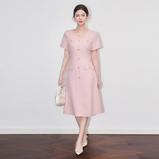 Small Fragrance Style Dress For Women V-neck Short Sleeve Solid Color Patchwork Slimming Female Dresses