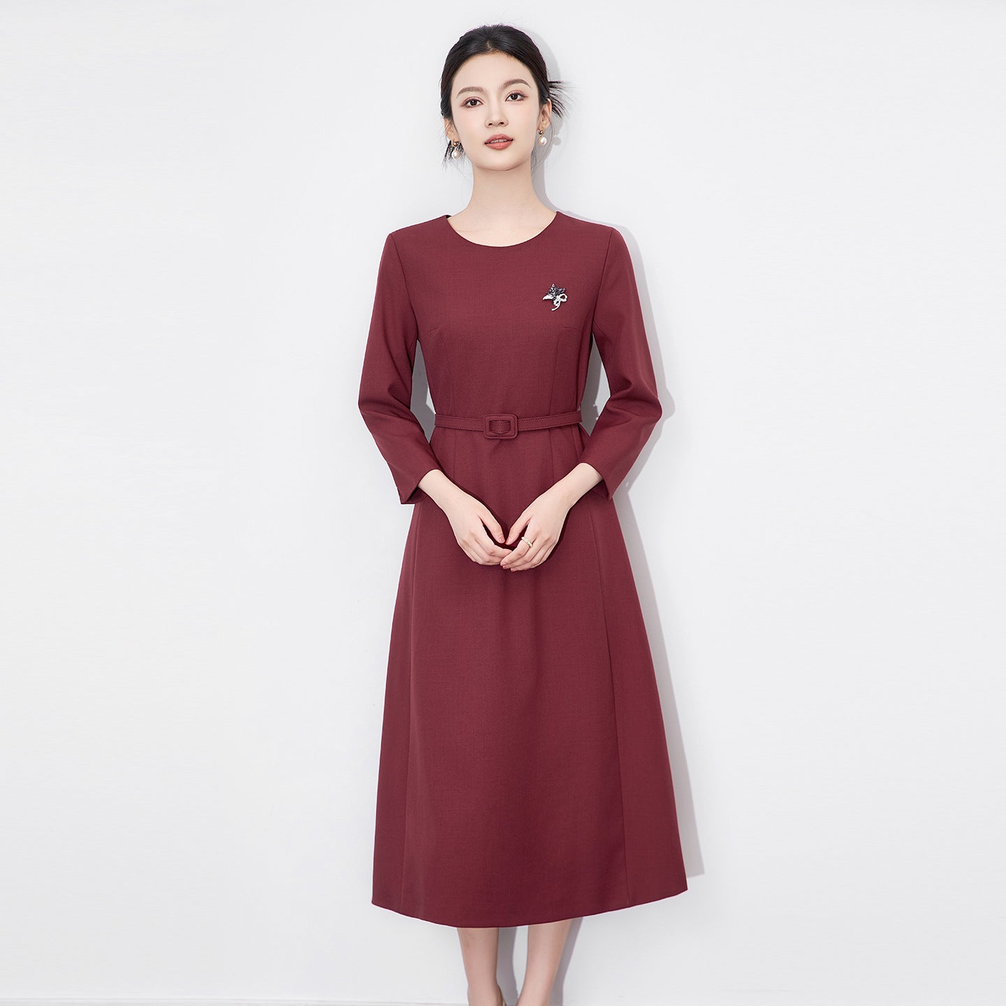 Fashion Solid Round Neck Elegant Festival Midi Dress Women Autumn Half Sleeve Temperament Office Professional Dress