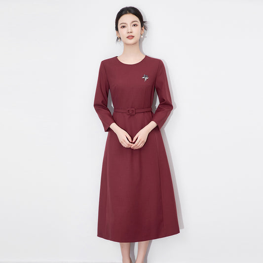 Fashion Solid Round Neck Elegant Festival Midi Dress Women Autumn Half Sleeve Temperament Office Professional Dress