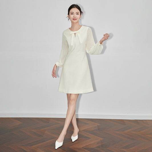 Silk Summer Pure Color plus Size Women's Dress Elastic Double Gauze Real Silk Dress round Neck Knee-Length Loose Waist