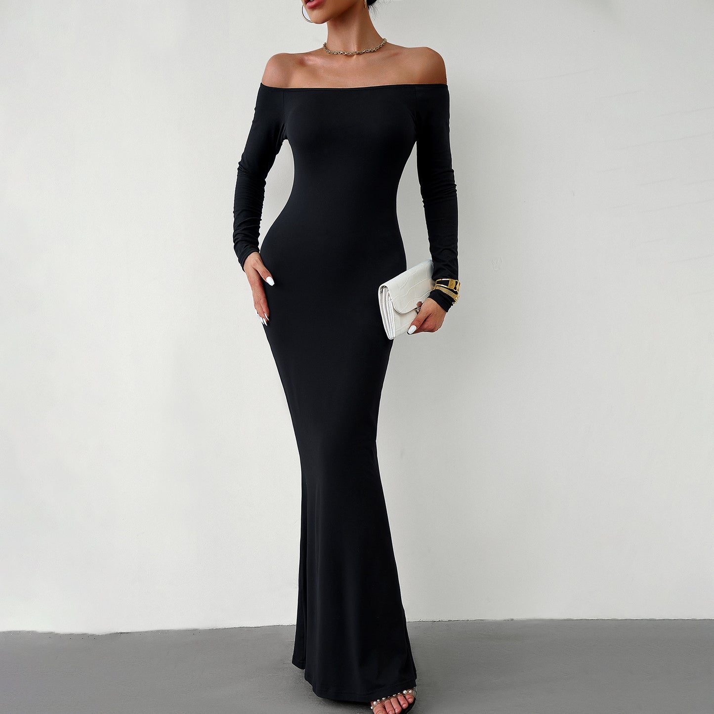 Summer Sexy Elegant Temperament Solid Color Slim-fit One-shoulder Ultra-long Dress