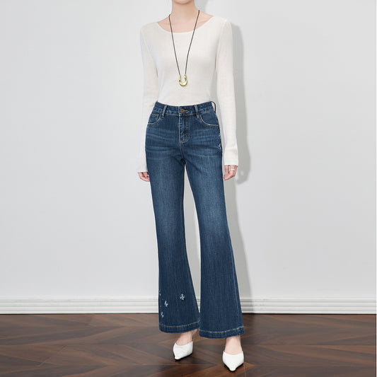 High Waist Bell Bot Jeans Women's Embroidered Slim Fit Casual Sle Denim Blue Color Spring Autumn Season Faion Trend