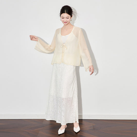 Women Guaze Mesh Cardigan Shirt Middle Sleeve Flowy Tied Stage Clothes Performance Costume Casual Blouse