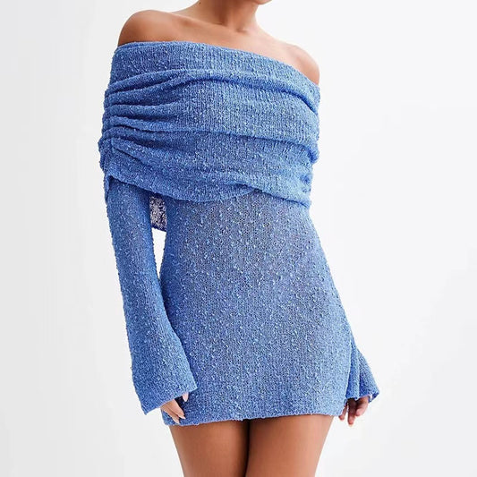 Women's Sexy Sheer Long Sleeve Off Shoulder Dress - Short Beach Cover Up Lace Summer Maxi Dress