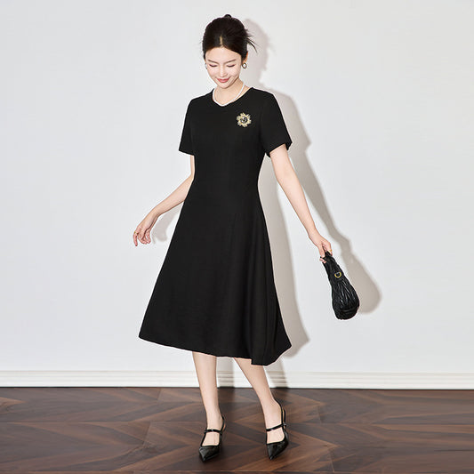 Petite Elegant Mountain Tea Pressed Flower Twill Fabric With Butterfly Chest Pin Waist-Fitted Slimming A- Line Dress