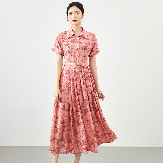 Elegant Floral Print Cotton Linen Long Dress Slimming Vintage Summer New Style Women's Fashion Dress Princess Sleeve Polo Neck