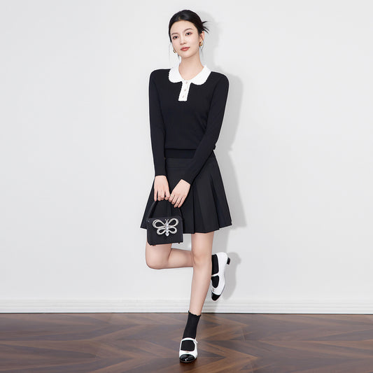 High-End Version Home Collar Slim Fit Color Blo Knitted Top Bla Long Sve Faionable Women's Knitted Sweater