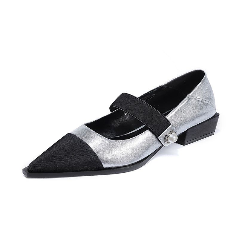Cowhide Mary Jane Shoes Pointed Toe Flat Heel Golden Camellia Two-Tone Cushioned Insole Black Champagne Korean Style