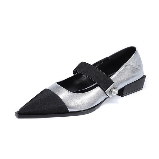 Cowhide Mary Jane Shoes Pointed Toe Flat Heel Golden Camellia Two-Tone Cushioned Insole Black Champagne Korean Style