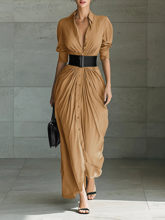 Women Dresses Retro Shirt Collar Belted Slim Pleated Long Dress Spring Autumn Single Breasted Long Sleeve Fashionable Dress