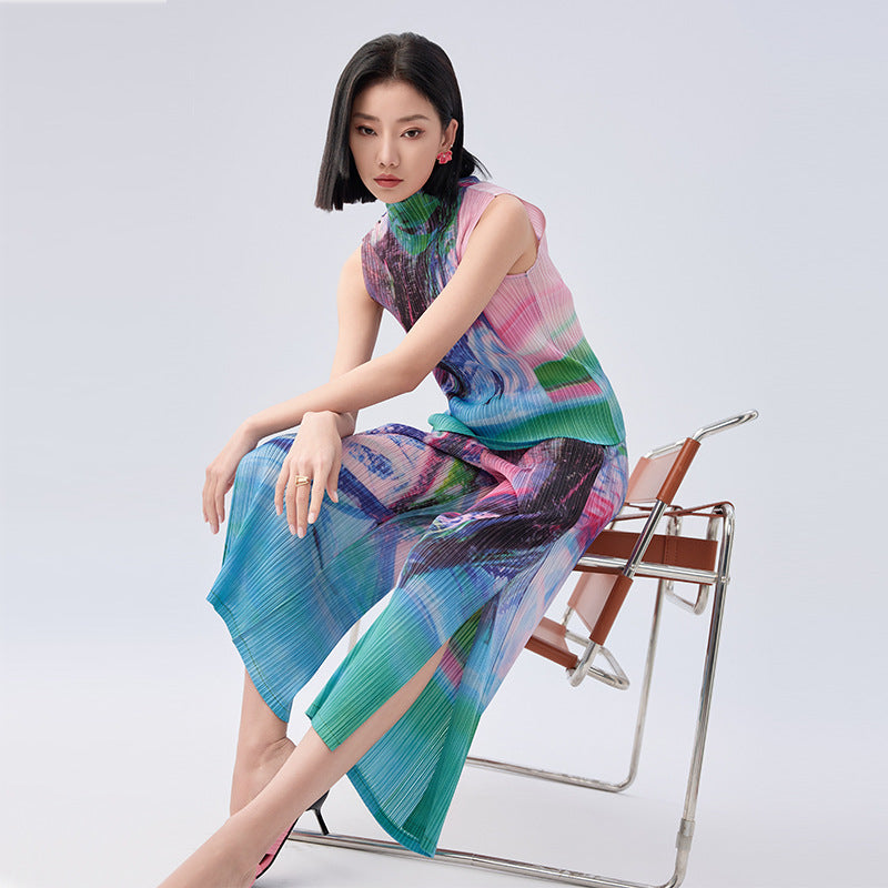 Women's Chic Pleated Pullover Top High-end Temperament Print Slimming Stand Collar High Elastic Base T-shirt