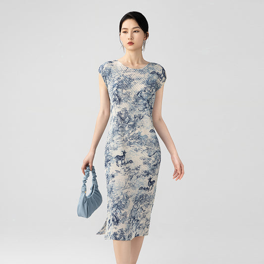 Powder Blue French Toile Picnic Designs Short-Sleeved Dress