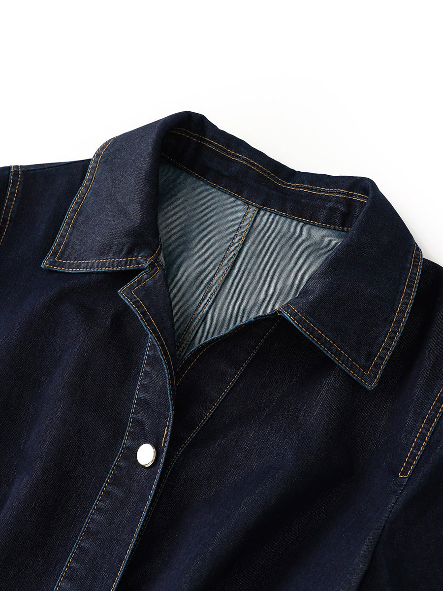 Women's Mid - Length Denim Dress with Belt Decoration and Button - Placket for A Casual and Stylish Look