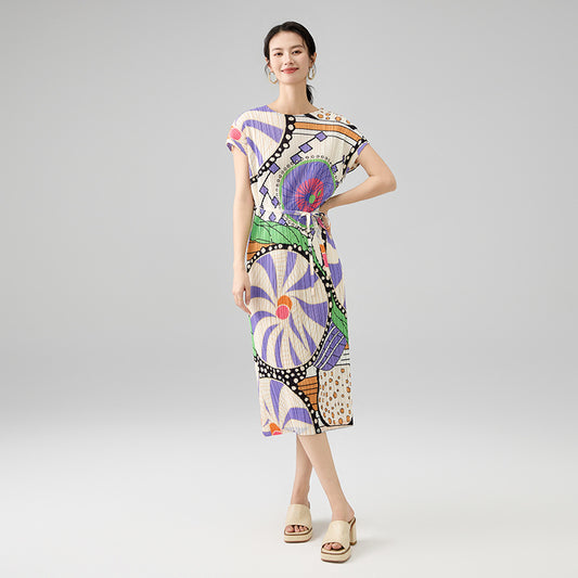 Women Round Neck Short Sleeve Printed Contrasting Colors Straight Loose New Tide Dresses