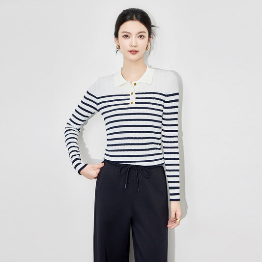 Women's Knitted Wool Sweater Loose Half Open Collar Base Shirt Fashionable Top Black White Stripes Cashme