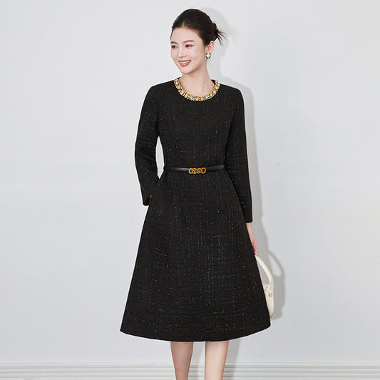 Beading Sequined Tweed Woolen Dresses for Women Elegant Long Sleeve Vintage Party Dress Female Vestidos Winter New