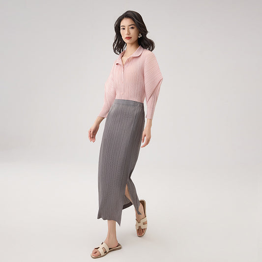 Single Breasted Pleated Shirts Women Stand Collar Long Sleeves Thin Fabric Female Chic Top Clothing