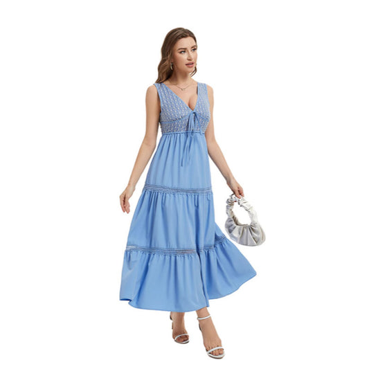 Summer Hot Beach Vacation Solid Color Suspender With Black Fungus Edge High Waisted Dress