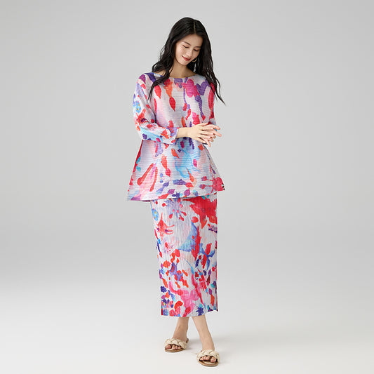 Summer Advanced Sense Wear Printed Slash Neck Loose T-shirt Temperament All Matching Skirt