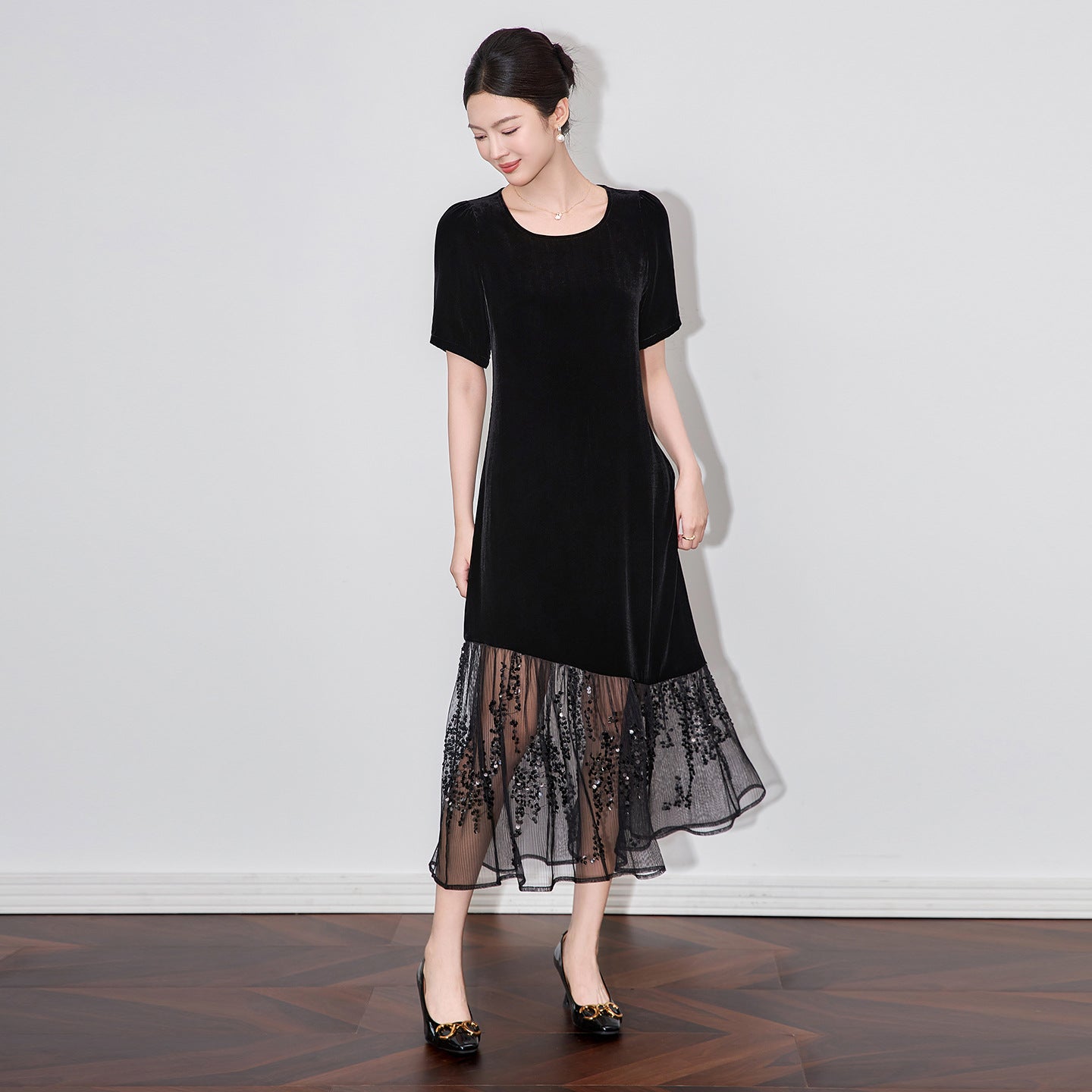 Fashionable Anti-Aging Lace Splice Dress Women Summer plus Size Loose Slimming Versatile Simple T-Shirt Dress Knee-Length