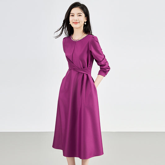 Elegant Women's Casual Waist-Fitted Slimming Dress Deep-Layered Pleated Design Slim Fit Commuter Dress For Spring
