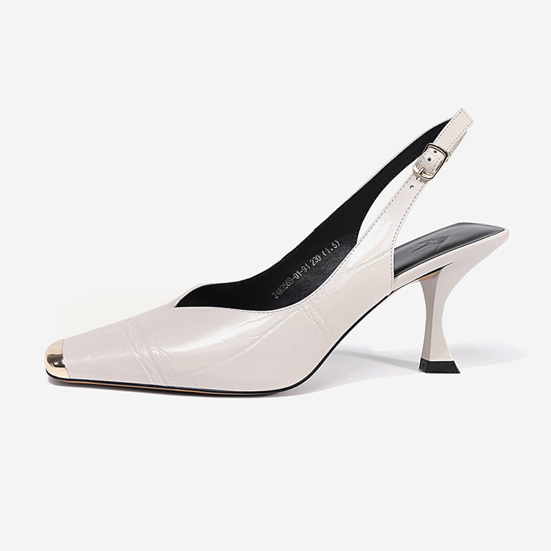 Woman Summer Sandals Simple Pumps Elegant Metal Toe Shoes For Women Spring Autumn Med Heel Slingbacks Sandals