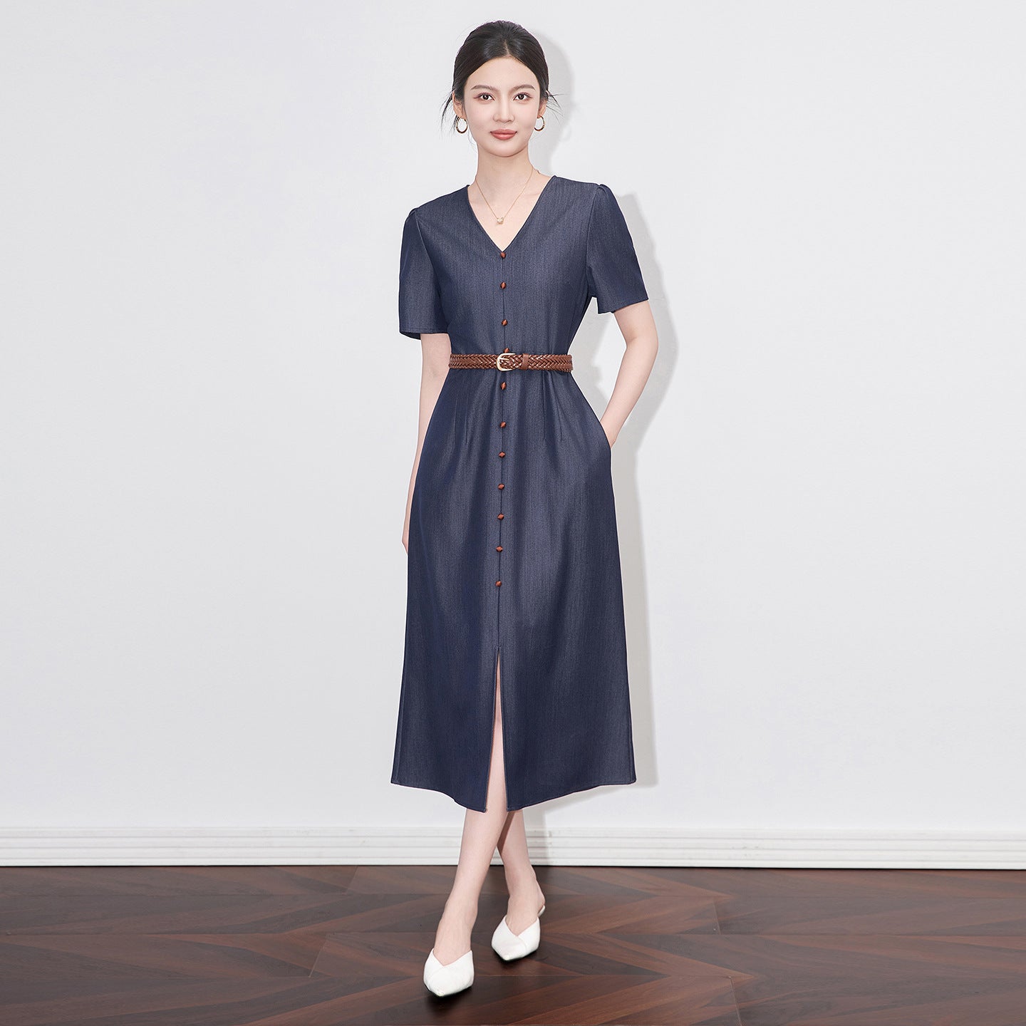 Women Sweet Denim Midi Dress Short Sleeve Belt A Line One Piece Sashes Summer Mid Calf Dresses Vestido