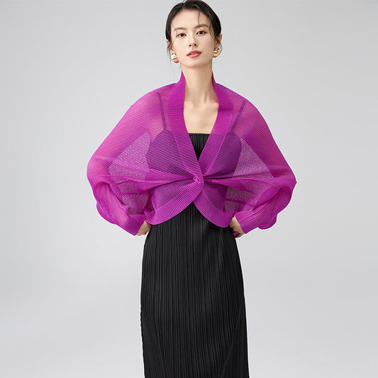Summer Semitransparent Lightweight Pleated Coat For Women Mesh Bat Sleeve Cardigan Casual Jacket