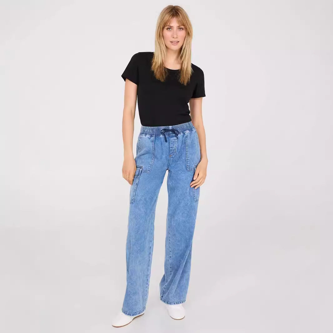 Women's Casual Workwear Jeans Multiple Pockets Wide Leg Loose Fit Pants