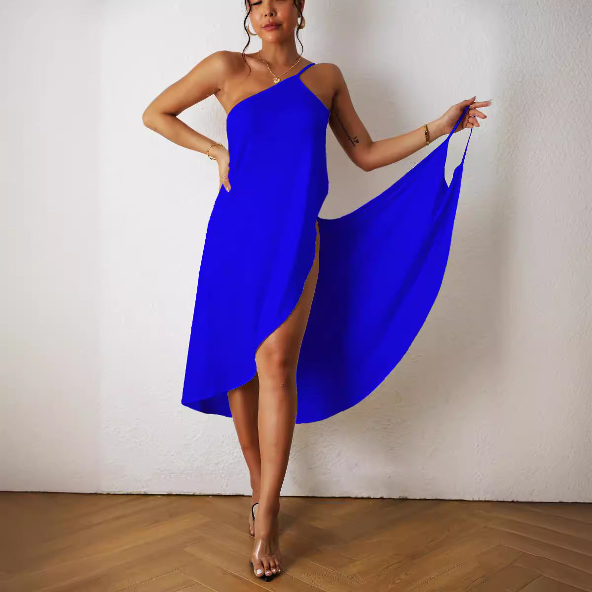 Women's Beach Dress Sleeveless Solid Color Off Shoulder Backless Loose One Piece Cover Up Vacation Strap Cross Wrap Pajamas