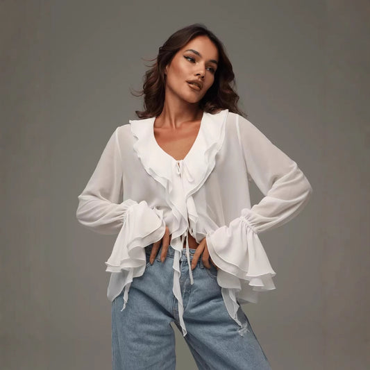 New Women's Top T-shirt Mesh Perspective Ruffle Edge Long Sleeve V-neck Lace Cardigan
