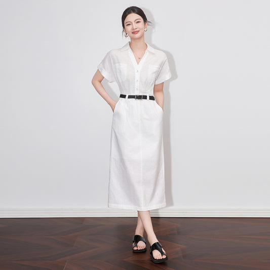 Summer French Style Women's Shirt Dresses with Belted 2025 New Short Sleeve Elegant Casual Loose A-line Dress Female