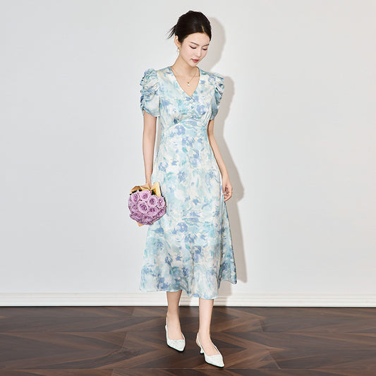 Elegant Floral Print High Waist Midi Dress Spring Fashionable French Style Bubble Sleeve V-neck Dress for Women in Shenzhen