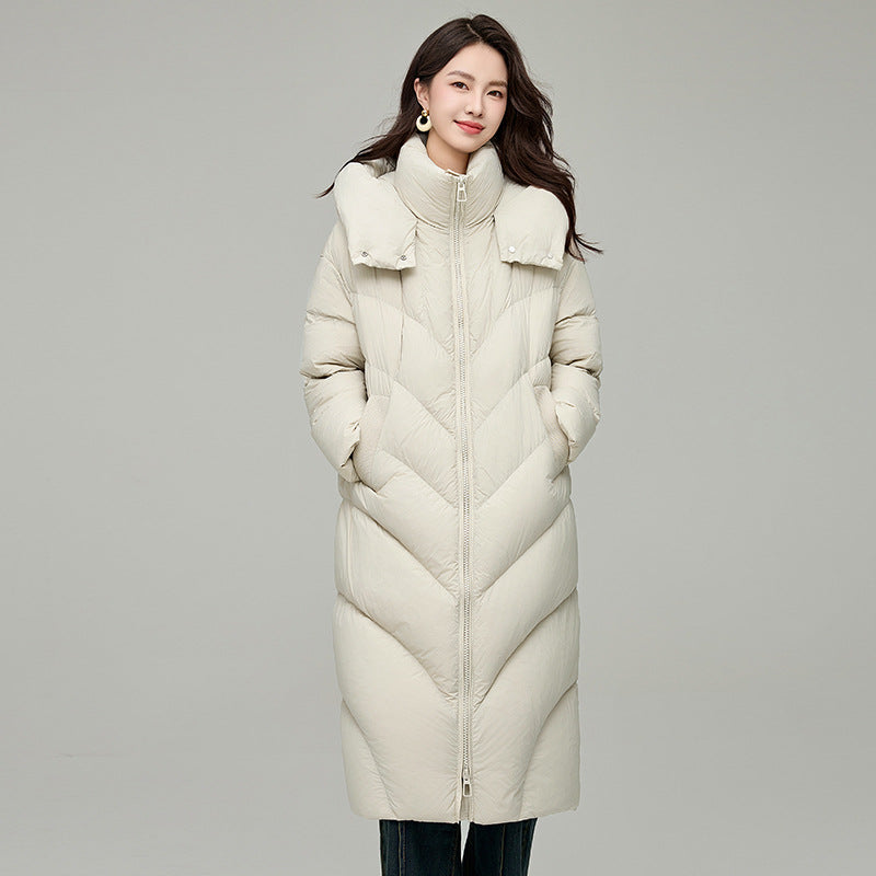 Winter New Women's Duck Down Stand-Up Collar Hooded Down Jacket Casual Loose Fluffy Warm Long Coat