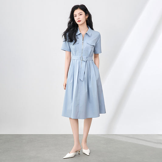 Summer Simple Office Casual Shirt Dress Woman Elegant Turn Down Collar Front Zipper Lace Up Short Sleeve Blue Vestidos