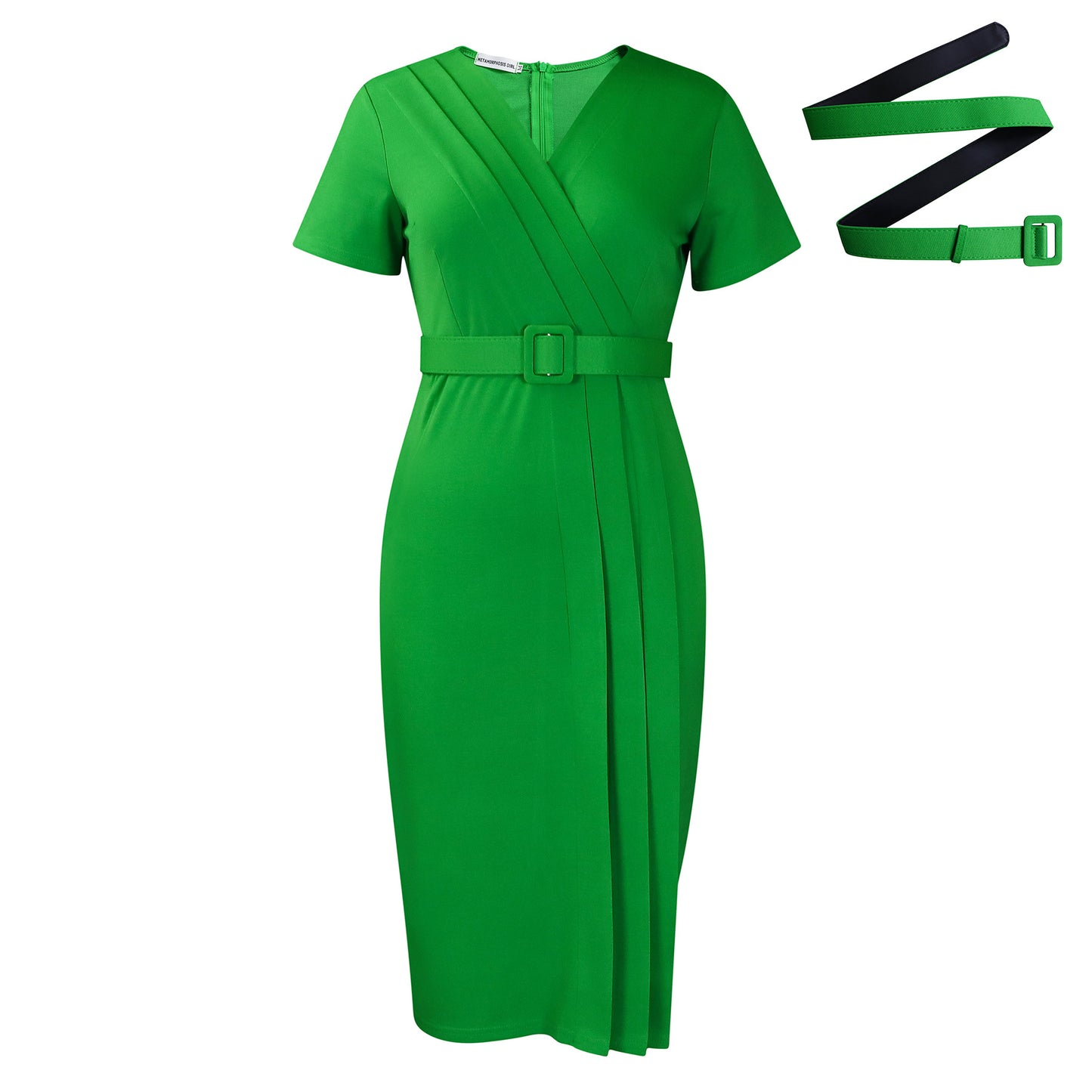 Women's 2025 summer new short-sleeved V-neck waist solid color Tongle fashion dress