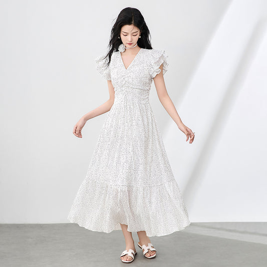 New French Inspired V Neck Polka Dot Romantic Flutter Sleeves Cinched Waist Retro Long Dress for Women Summer