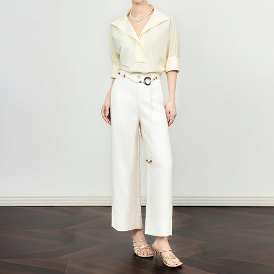 New Women's Fashion Stylish Belted Satin Texture Wide-Leg Pants
