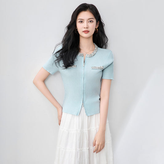 Spring Autumn Knitted Dress Two Piece Set Women's Crystal Cardigans Short Skirts Suits
