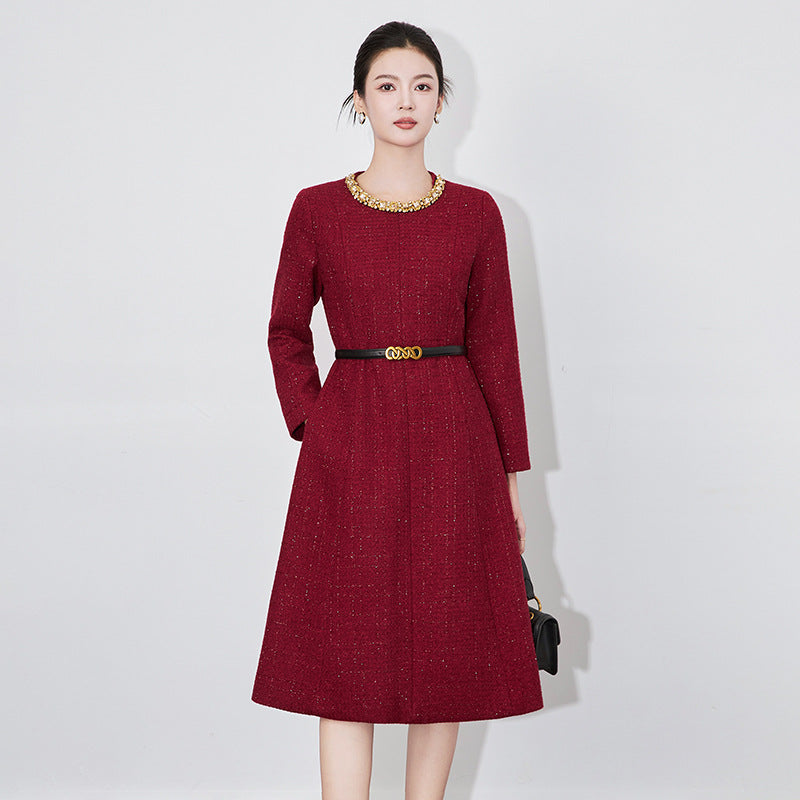 Beading Sequined Tweed Woolen Dresses for Women Elegant Long Sleeve Vintage Party Dress Female Vestidos Winter New