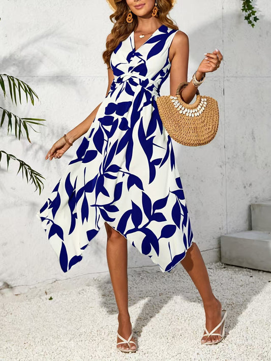 Beach Women Midi Dress 2024 Summer New Plus Size Maxi Long One Piece Dress Elegant Casual Leaf Printed Hem Dress Vestidos Female