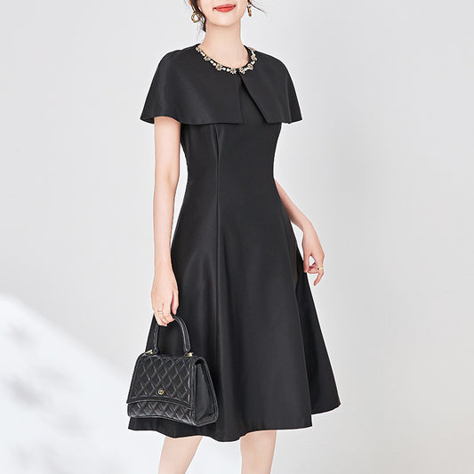 Elegant Diamonds Cloak Sleeve Dinner Party Dresses for Women 2025 Fashion Spring Summer Dress Solid Aline Knee Length Black