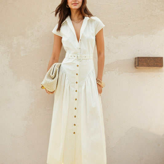 Casual Solid Slimming Spliced Belt Long Dresses For Women V Neck Short Sleeve High Wasit Elegant Dres