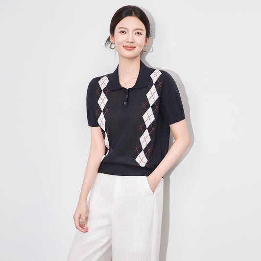 New Arrival Women's irt Knitted ort Sve Turn-down Collar Diamond Pattern Briti College Sle Polyester