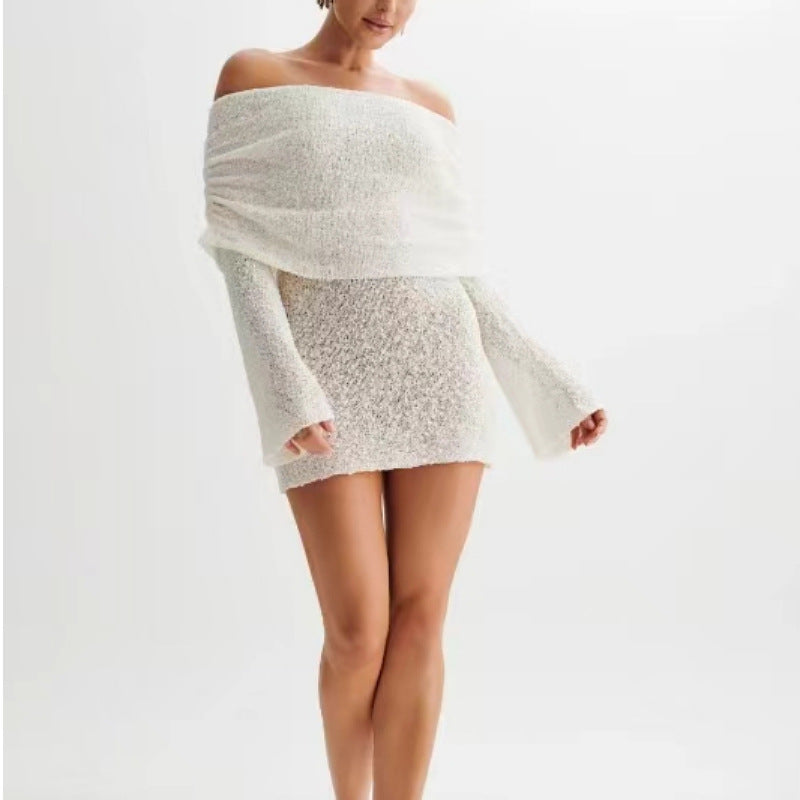Women's Sexy Sheer Long Sleeve Off Shoulder Dress - Short Beach Cover Up Lace Summer Maxi Dress