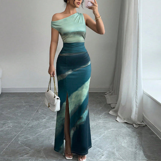 Summer New Style Wish Women's Slim Fit Color Block Shoulder Long Dress Sleeveless Cross-Border Fashionable Elegant Dress