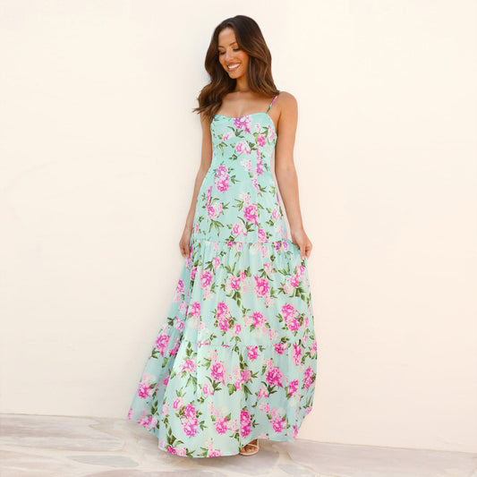 Flower Print Hollow Suspender Long Dress Fashion Women Off Shoulder Pleated Bohemian Dress Vacation Backless Summer Casual Dress